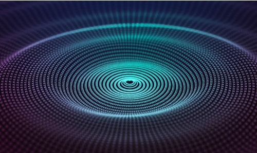 A futuristic dark background with the ripple effect of a web of blue and pink dots. Illustration of technologies and artificial intelligence